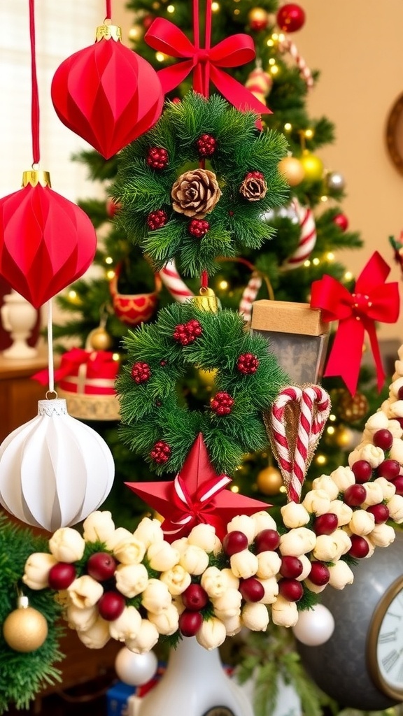 A collection of DIY Christmas decorations including paper ornaments, a pinecone wreath, and a popcorn garland.